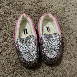 Silver Glitter Slippers with Pink Trim